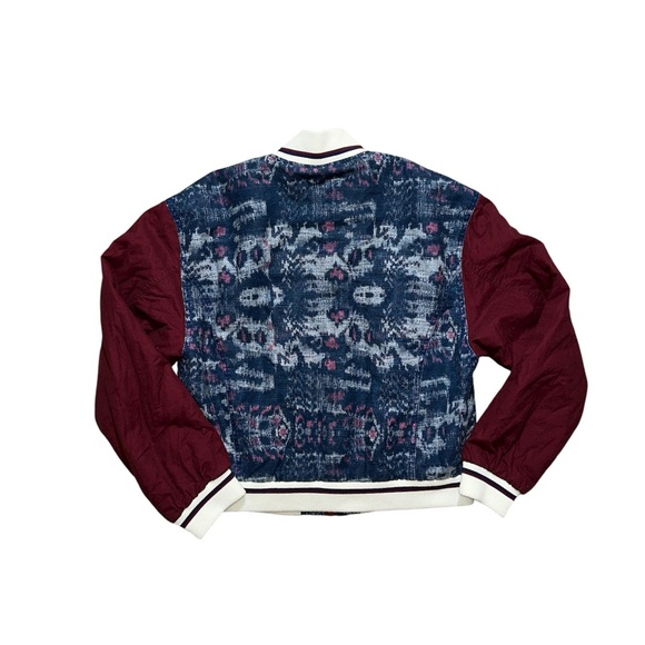 🌟HP🌟Free People Blue Patterned Bomber Jacket with Burgundy Sleeves - Picture 4 of 6